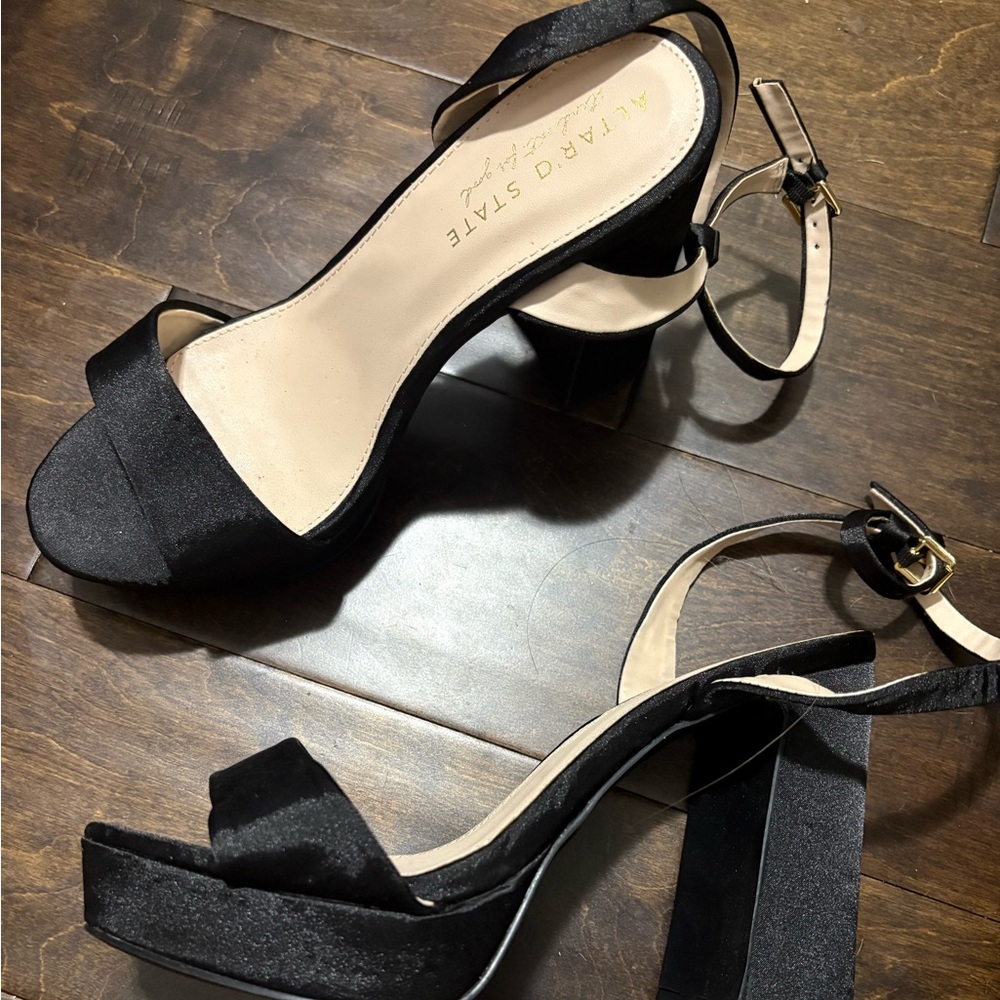 Altar'd State Black Satin Block Heel Sandals with Ankle Strap